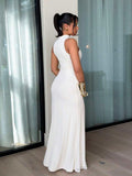 Back full body view of white high neck maxi dress with racer cut armholes
