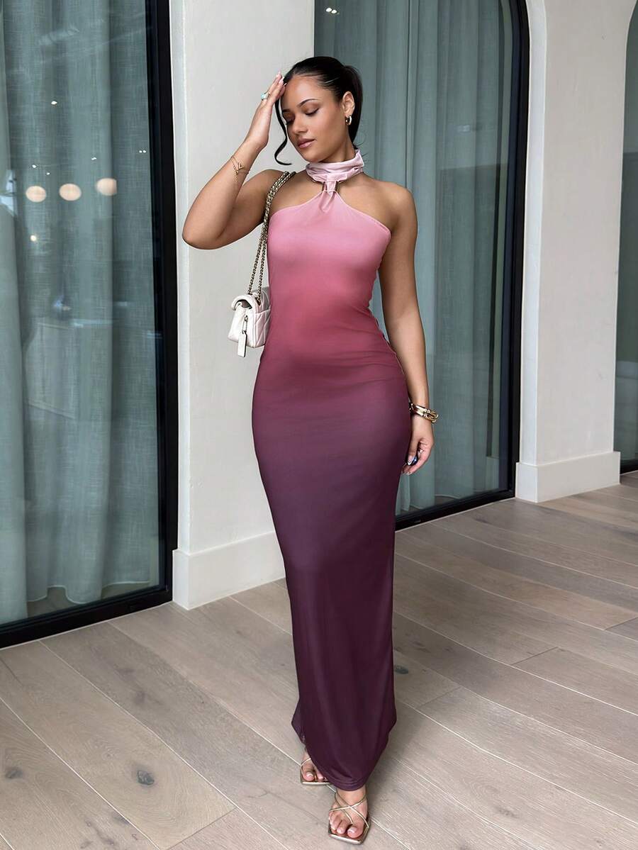 Front view of pink plum ombre halter keyhole bodycon maxi dress