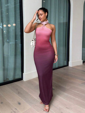 Front view of pink plum ombre halter keyhole bodycon maxi dress