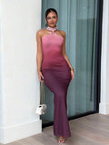 Full front view of pink to plum ombre bodycon maxi dress with floor length hem