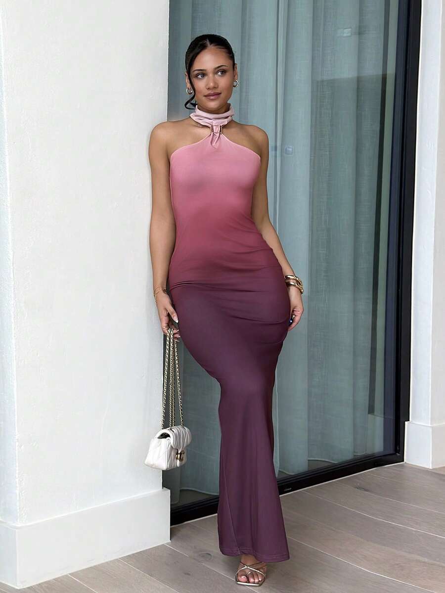 Full front view of pink to plum ombre bodycon maxi dress with floor length hem