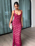 Front view of fuchsia floral lace bodycon maxi dress with sweetheart neckline