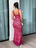 Back view of fuchsia lace maxi dress with low square back and nude lining