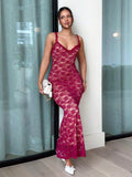 Close front view of magenta floral lace dress with scalloped hem and wide straps