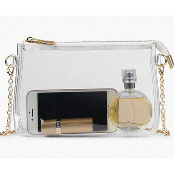 Front view of clear transparent PVC shoulder bag with white zipper trim and gold chain strap
