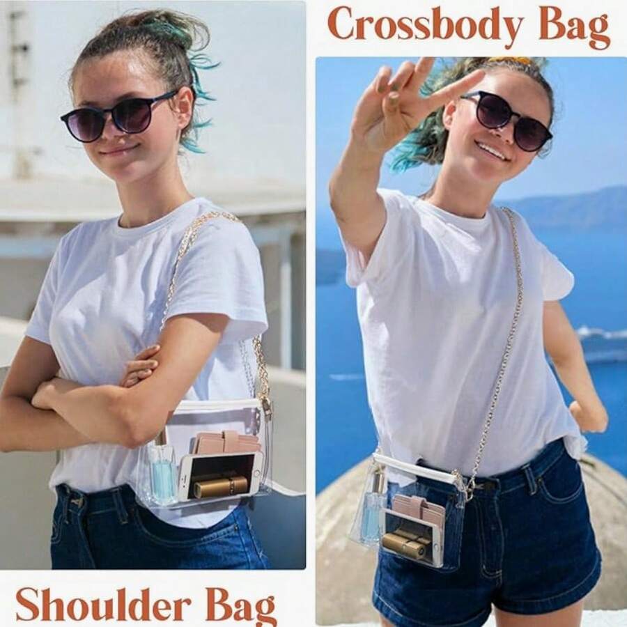 Lifestyle collage of clear stadium bag worn as shoulder bag and crossbody bag