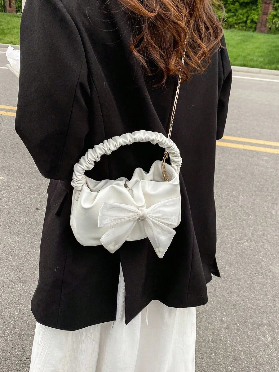 Image 7 - material detail of Fashionable Crescent-Shaped Handbag with Silk Scarf Bow - Perfect Valentine’s Day Gift for Women