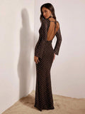 Brown black pink dot long sleeve open back mesh maxi dress