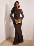 Brown pink dot mesh maxi dress back tie view