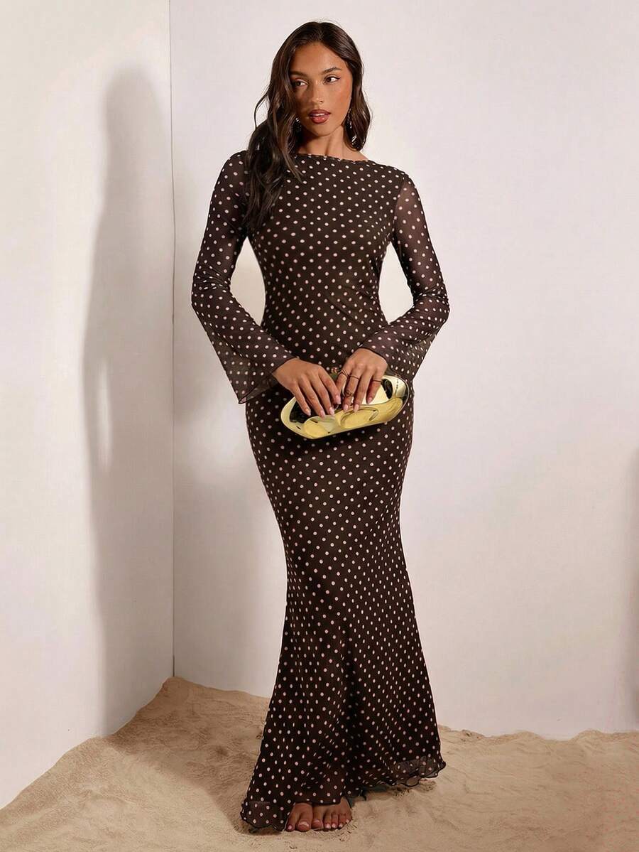 Brown pink dot mesh maxi dress back tie view