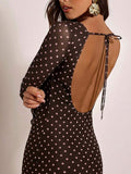 Black polka dot long sleeve open back mesh maxi dress front view