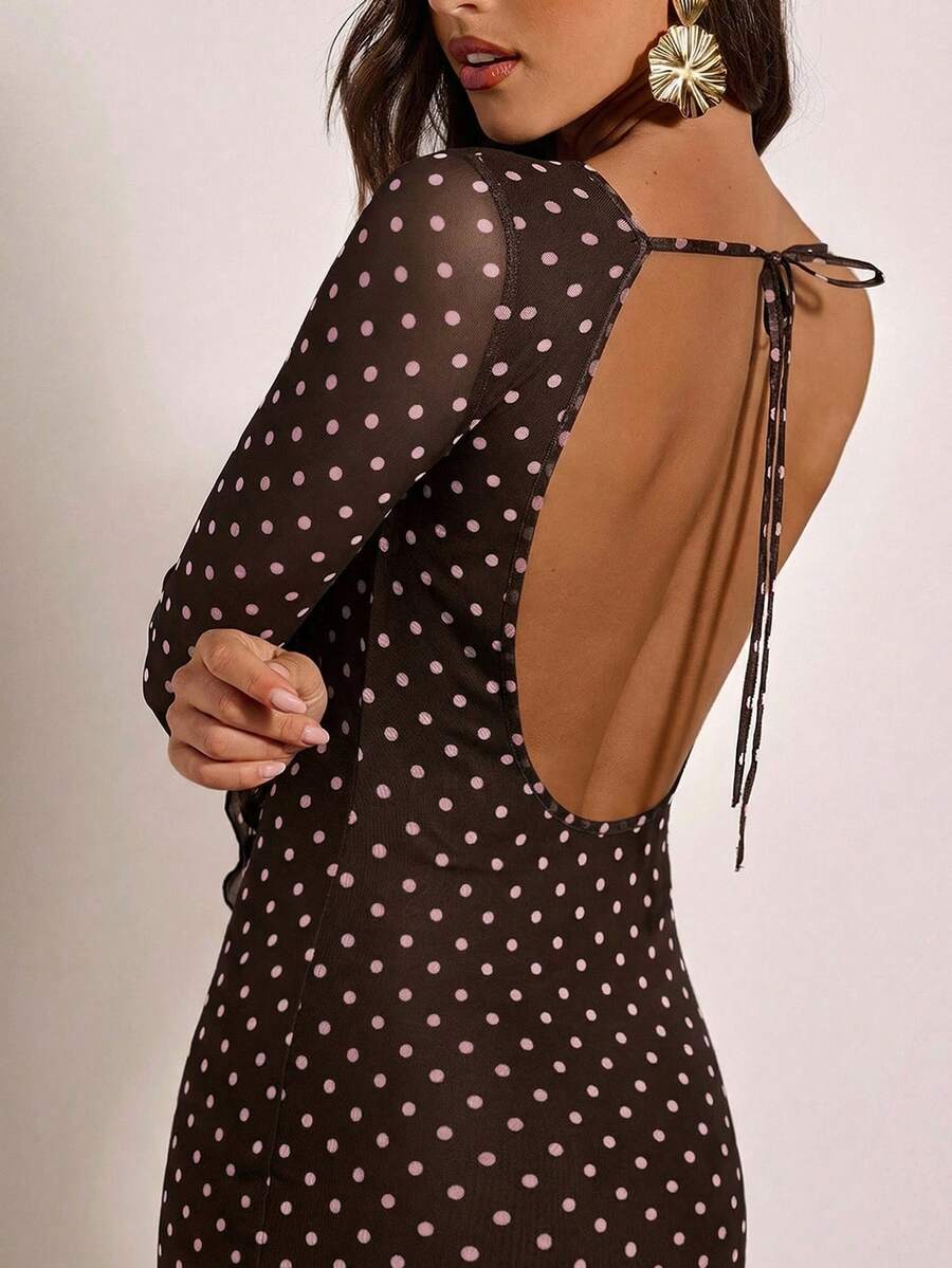Black polka dot long sleeve open back mesh maxi dress front view
