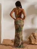 Blush tropical print stretch-mesh halter maxi dress with shell charm detail