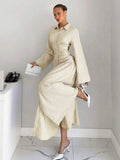 Elegant Pleated Waist Long Dress with Lapel Collar for Office & Brunch