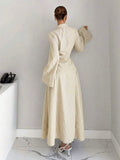 Elegant Pleated Waist Long Dress with Lapel Collar for Office & Brunch