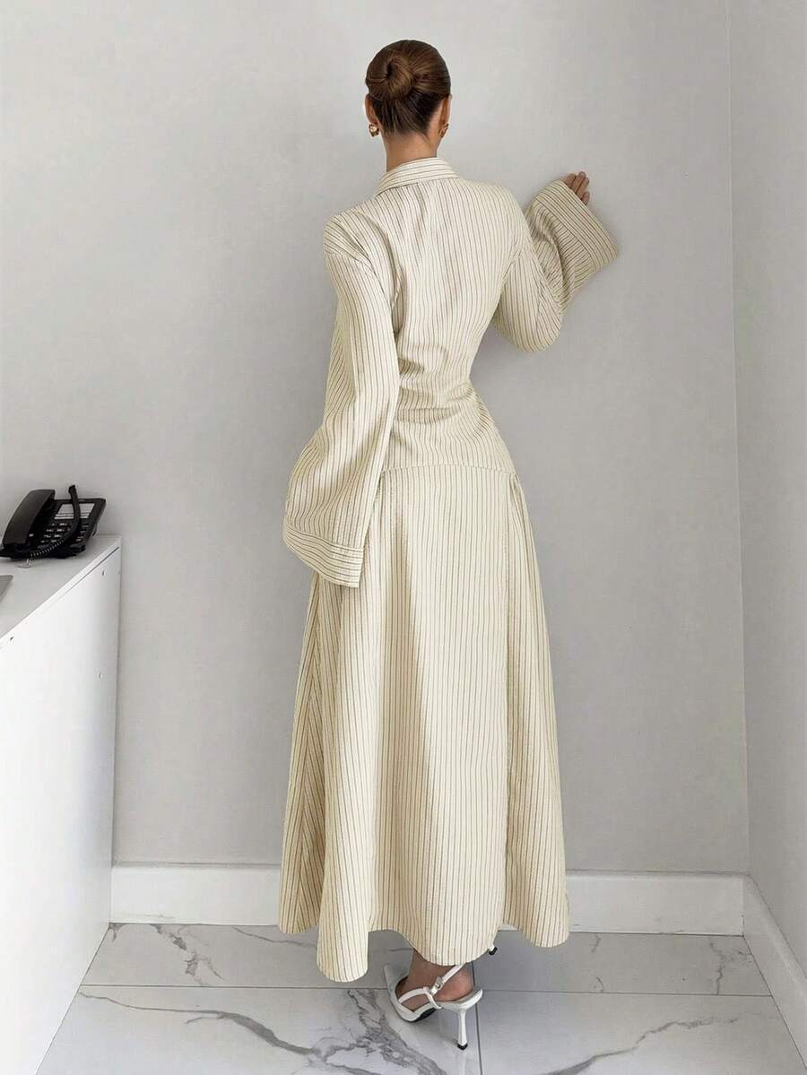 Elegant Pleated Waist Long Dress with Lapel Collar for Office & Brunch