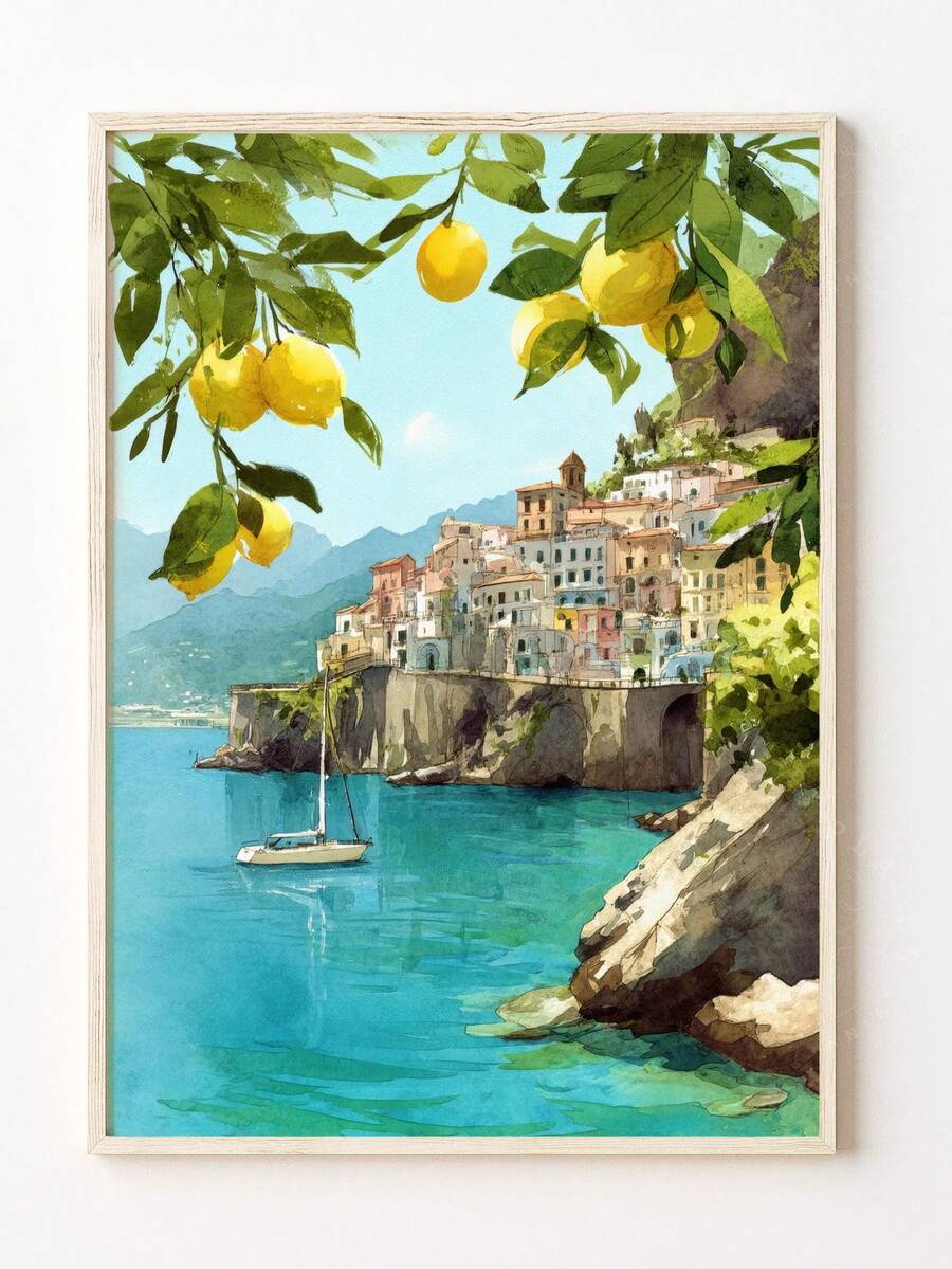 Framed Sorrento coastal canvas wall art with lemons, cliffside homes, sailboat, and turquoise sea