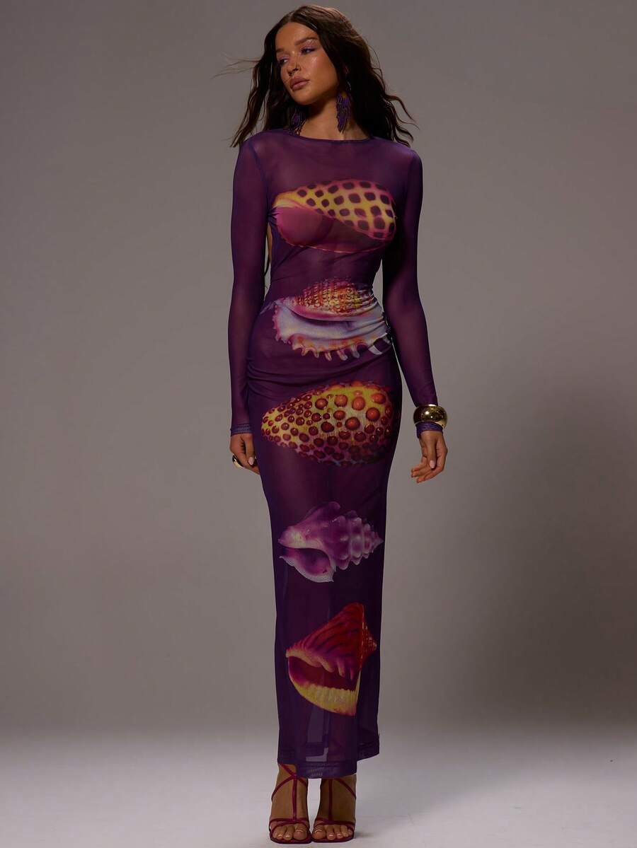 Close-up of mesh long sleeve midaxi dress in purple
