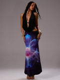 Front view of beaded cowl neck maxi dress for holiday vacation style
