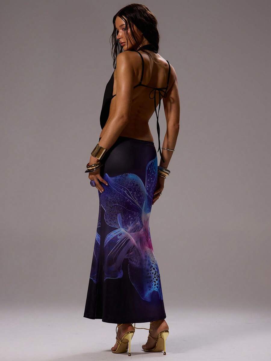 Close-up of draped cowl neck detail on beaded maxi dress