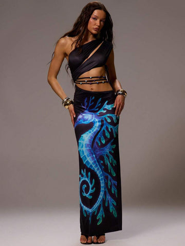 Front view of one-shoulder beaded maxi dress for beach vacation style