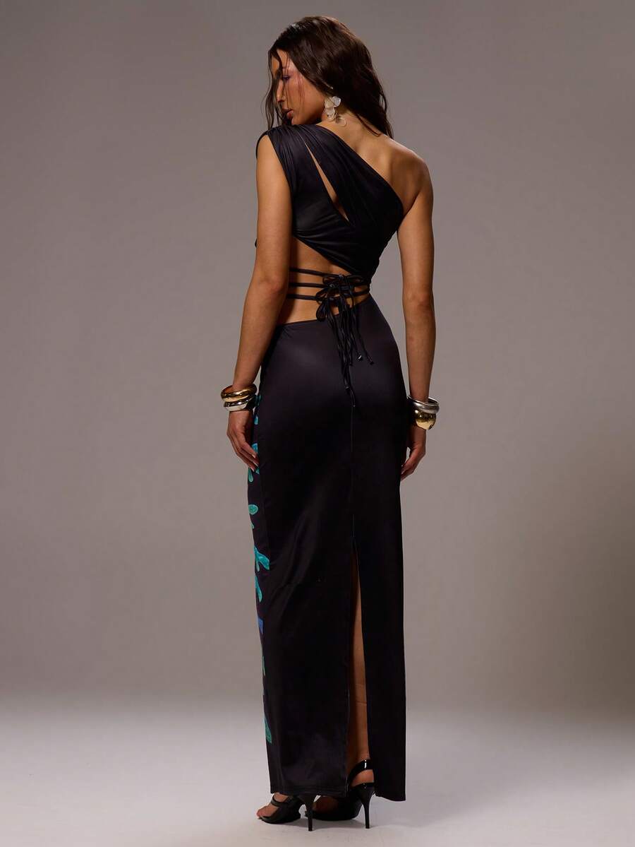Close-up of beaded one-shoulder dress for beach and vacation looks