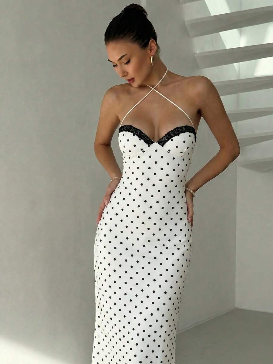 Red rose halter maxi dress front view