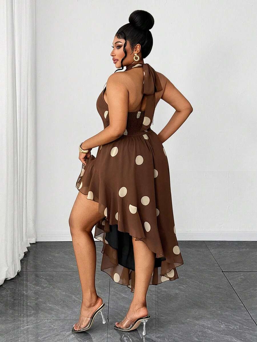 Front view of brown polka dot halter high low midi dress