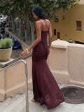 42 media show strappy mesh maxi dress in solids and prints with deep plunge V, front bead connector, ruffle trim, ruched bodice and hips, thigh slit, sheer flared lower skirt, low straight back, adjustable spaghetti straps. image 29
