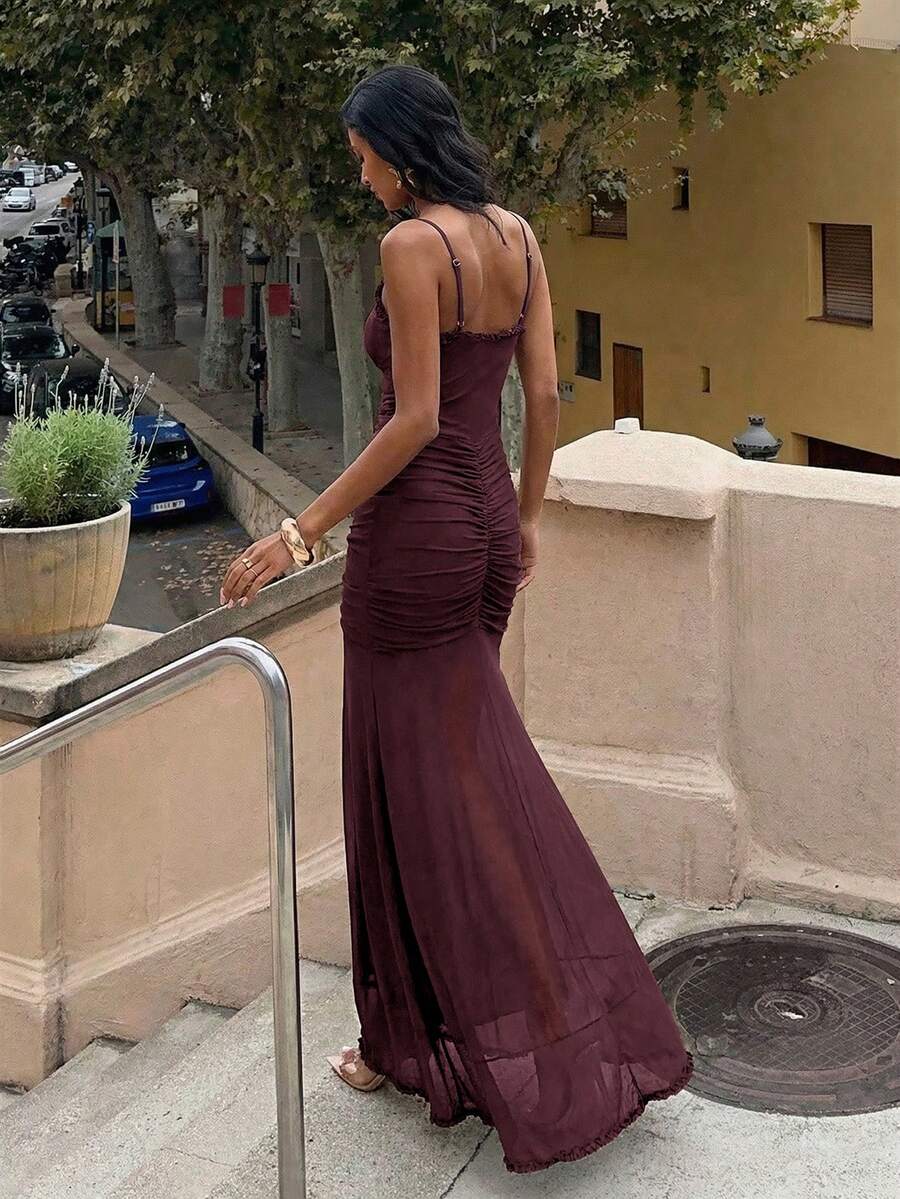 42 media show strappy mesh maxi dress in solids and prints with deep plunge V, front bead connector, ruffle trim, ruched bodice and hips, thigh slit, sheer flared lower skirt, low straight back, adjustable spaghetti straps. image 29