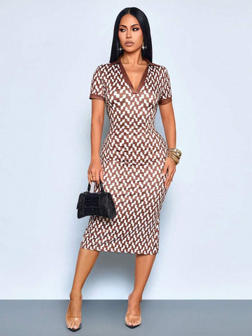 Front view of brown and cream geometric print V-neck bodycon midi dress