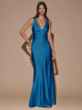 Back view of teal blue sleeveless deep V-neck maxi dress with crossed open back, shown for wedding and evening wear