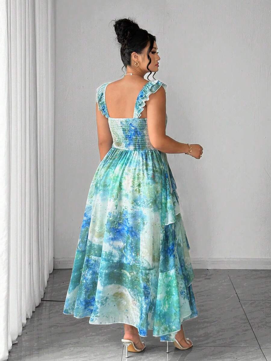 Front view of plus size blue green boho beach maxi dress with sweetheart bust