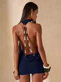 Elegant Navy Blue Beaded Backless Mini Dress for Beach Parties