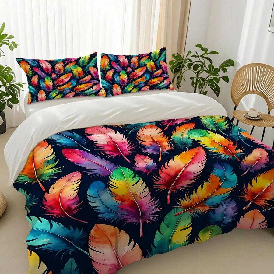 Transform your bedroom with this stunning Creative Ombre Feather Pattern Bedding Set. Featuring a modern digital print with soft ombre gradients and intricate feather designs, this set brings contemporary style to any space. Crafted from 100% polyester, the duvet cover and pillowcases offer exceptional softness and durability. The lightweight, breathable fabric ensures comfort throughout the night while maintaining its vibrant multicolor finish wash after wash. Easy care makes everyday living effortless 