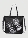 Black lip graphic convertible tote bag with top handles and printed strap