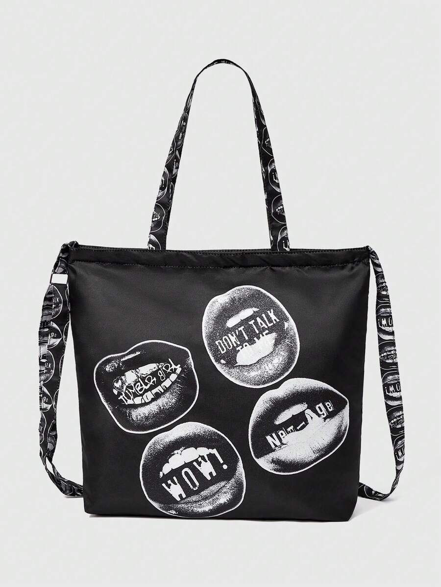 Black lip graphic convertible tote bag with top handles and printed strap