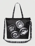 Black graphic tote crossbody bag with large lip artwork and soft body