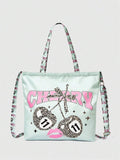 Mint cherry graphic convertible tote bag with top handles and shoulder strap