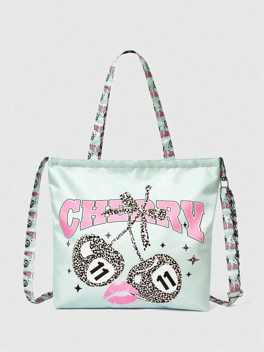 Mint cherry graphic convertible tote bag with top handles and shoulder strap