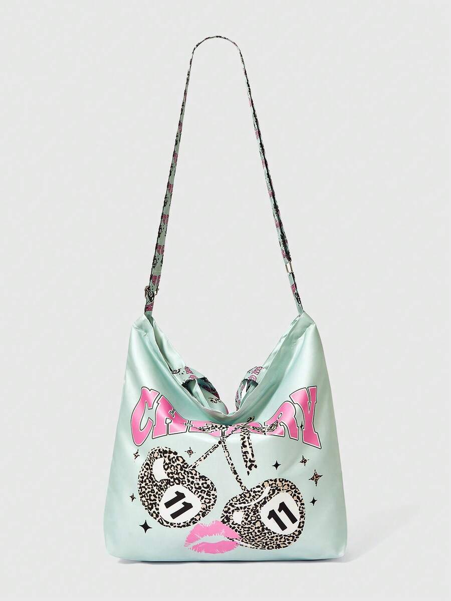 Mint graphic tote crossbody bag with detachable strap and soft rectangular body