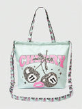 Detail view of mint cherry print bag showing strap hardware and glossy fabric