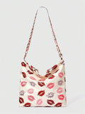 Cream graphic convertible tote bag with lip print and top handles