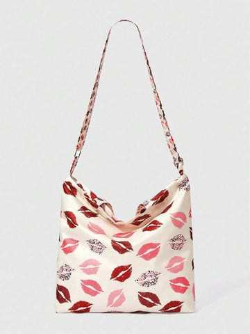 Cream graphic convertible tote bag with lip print and top handles
