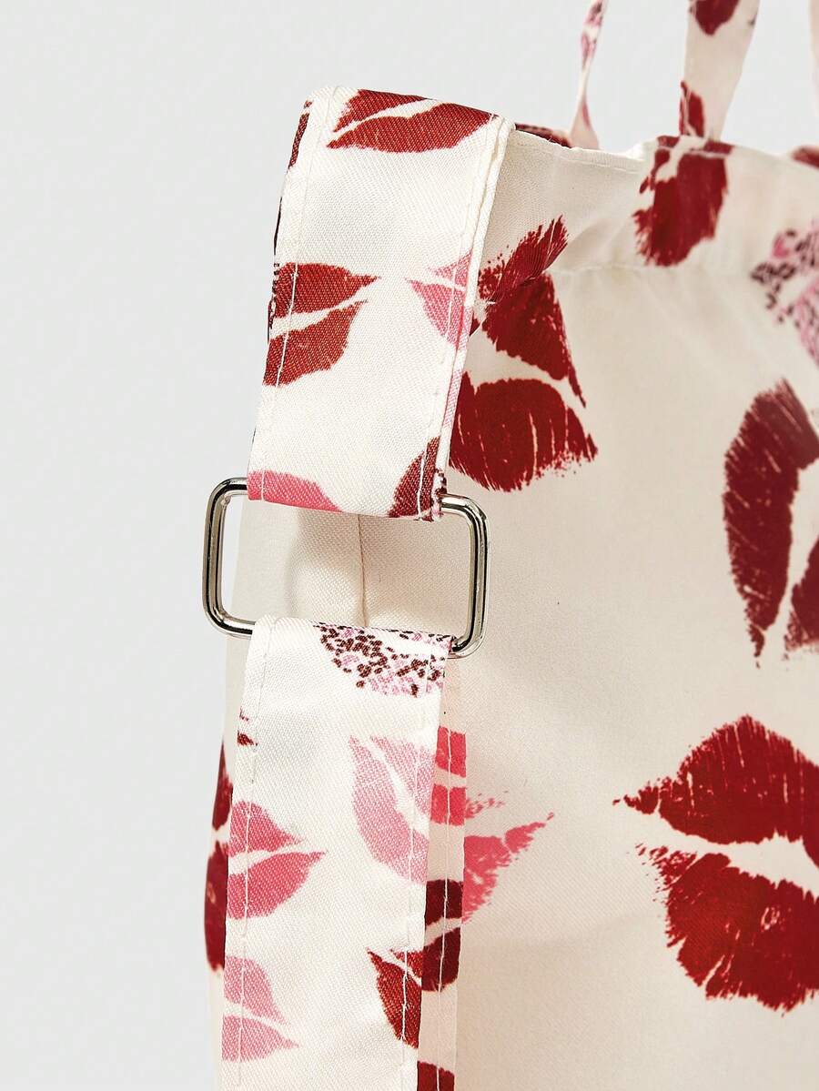 Lifestyle view of cream lip graphic bag worn as crossbody