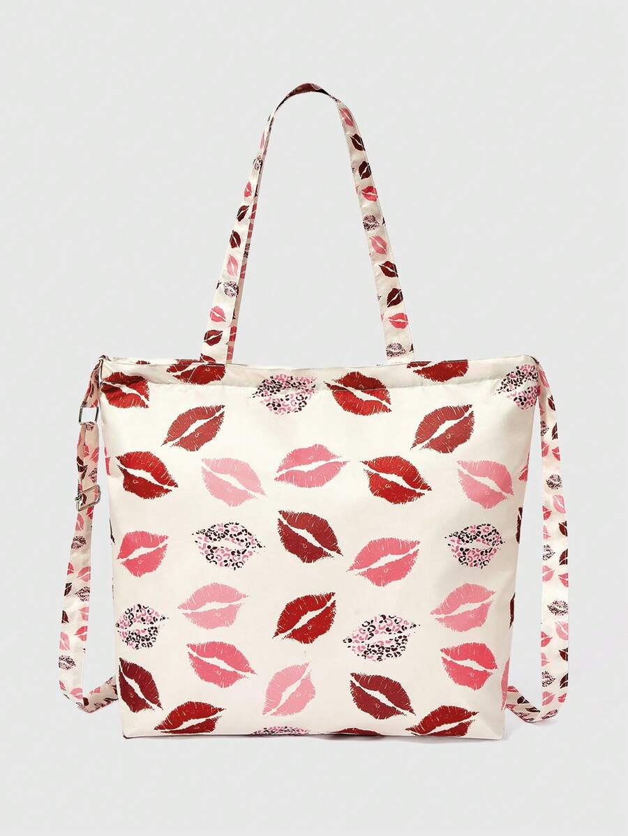 Cream lip print tote crossbody bag with detachable adjustable strap