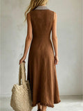Back view of brown collared maxi dress with waist seam and A-line skirt