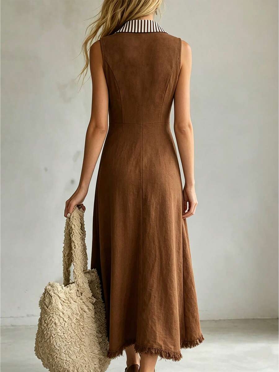Back view of brown collared maxi dress with waist seam and A-line skirt