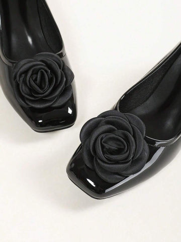 Image 1 - front view of Handmade Red High Heel Pumps for Women with Retro Daisy Decor - Stylish Round & Square Toe Design for Spring & Autumn