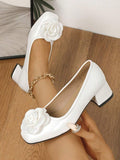 Image 9 - material detail of Handmade Red High Heel Pumps for Women with Retro Daisy Decor - Stylish Round & Square Toe Design for Spring & Autumn